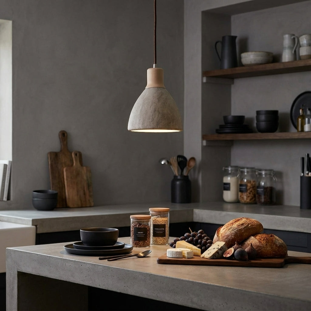 Yomzi pendant light above a dark kitchen counter