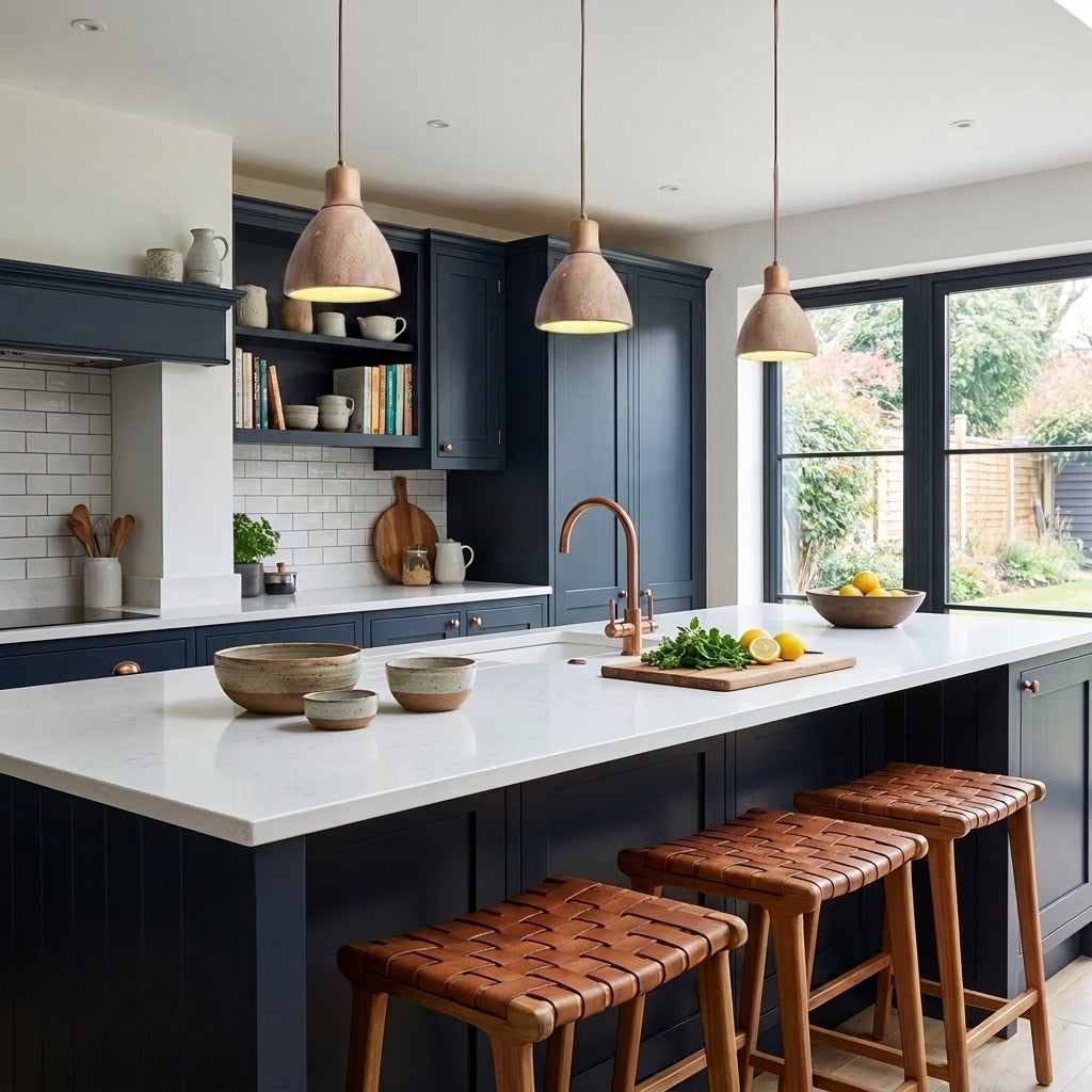 Yomzi pendant lights above a bright kitchen island
