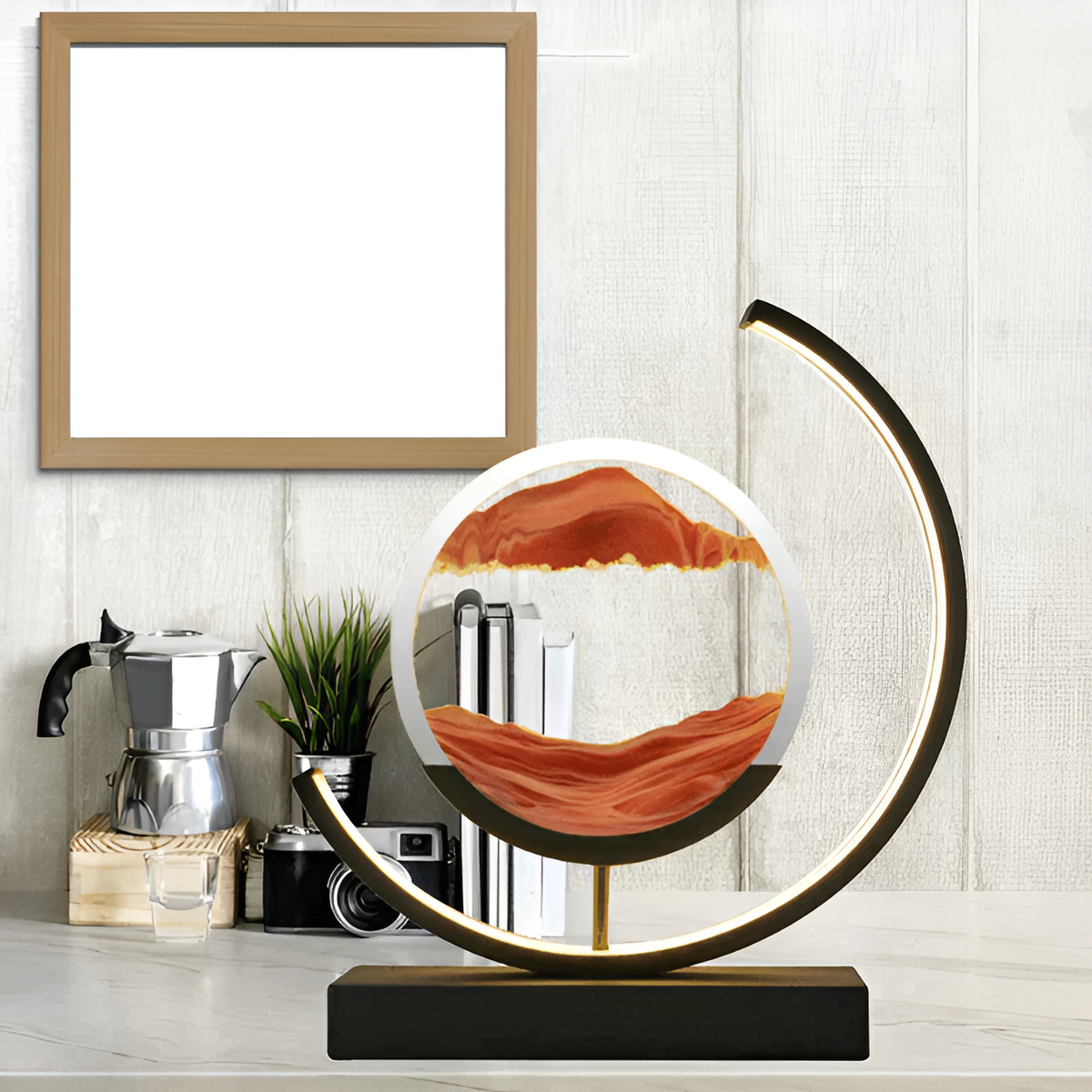 Rechargeable youj moving sand art lamp acting as calming shelf decor in a bright modern room