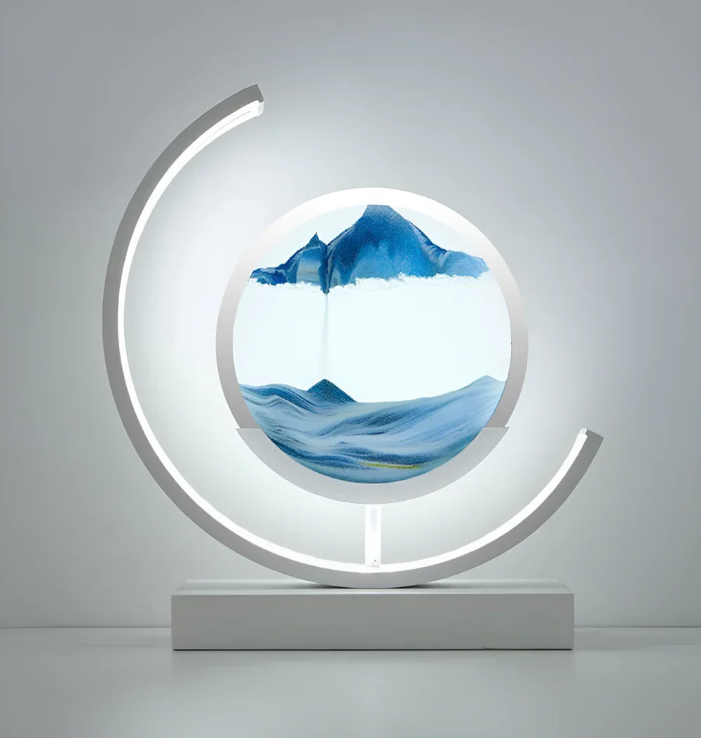 White youj kinetic sand desk light showcasing a calming blue oceanic sand landscape