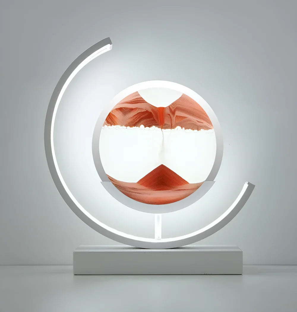 Modern youj white circular LED moving sand art lamp featuring bright orange sand
