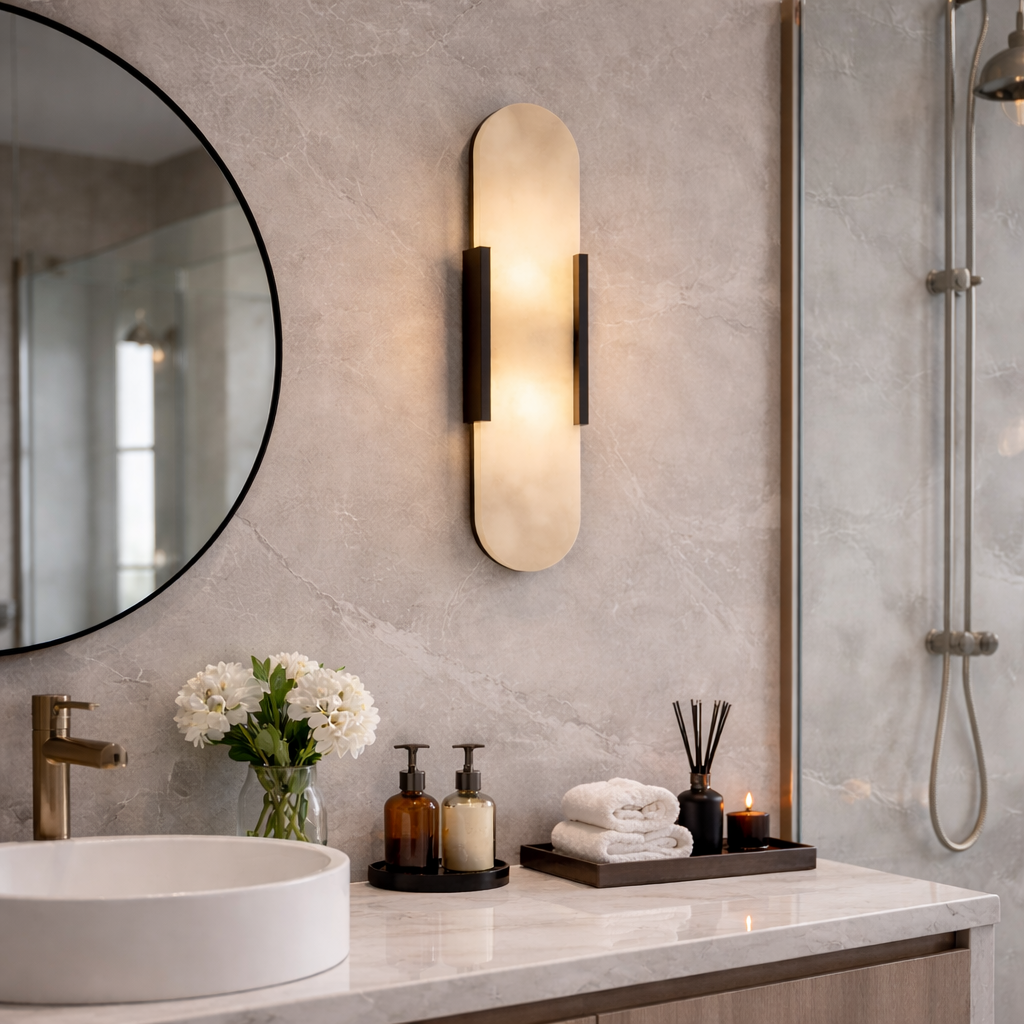 black yuhy natural marble wall sconce illuminating a modern bathroom vanity mirror.