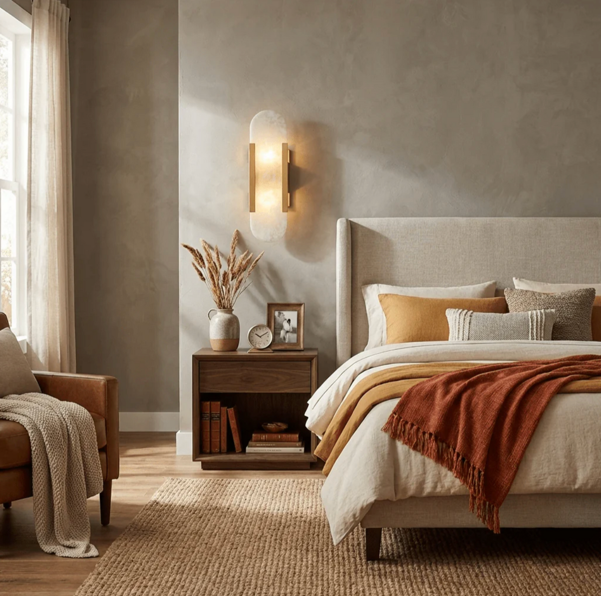 Gold pill-shaped marble yuhy sconce styled as an elegant bedside reading light in a neutral bedroom